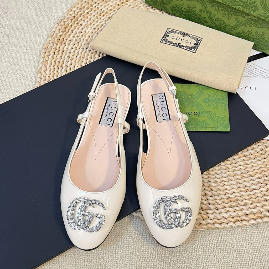 GUCCI Double G patent leather slingback ballet flats Glossy White