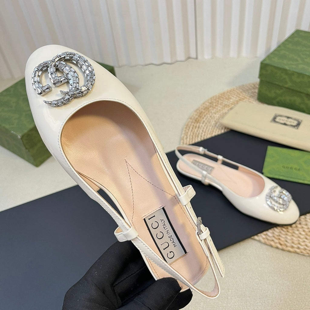 GUCCI Double G patent leather slingback ballet flats Glossy White