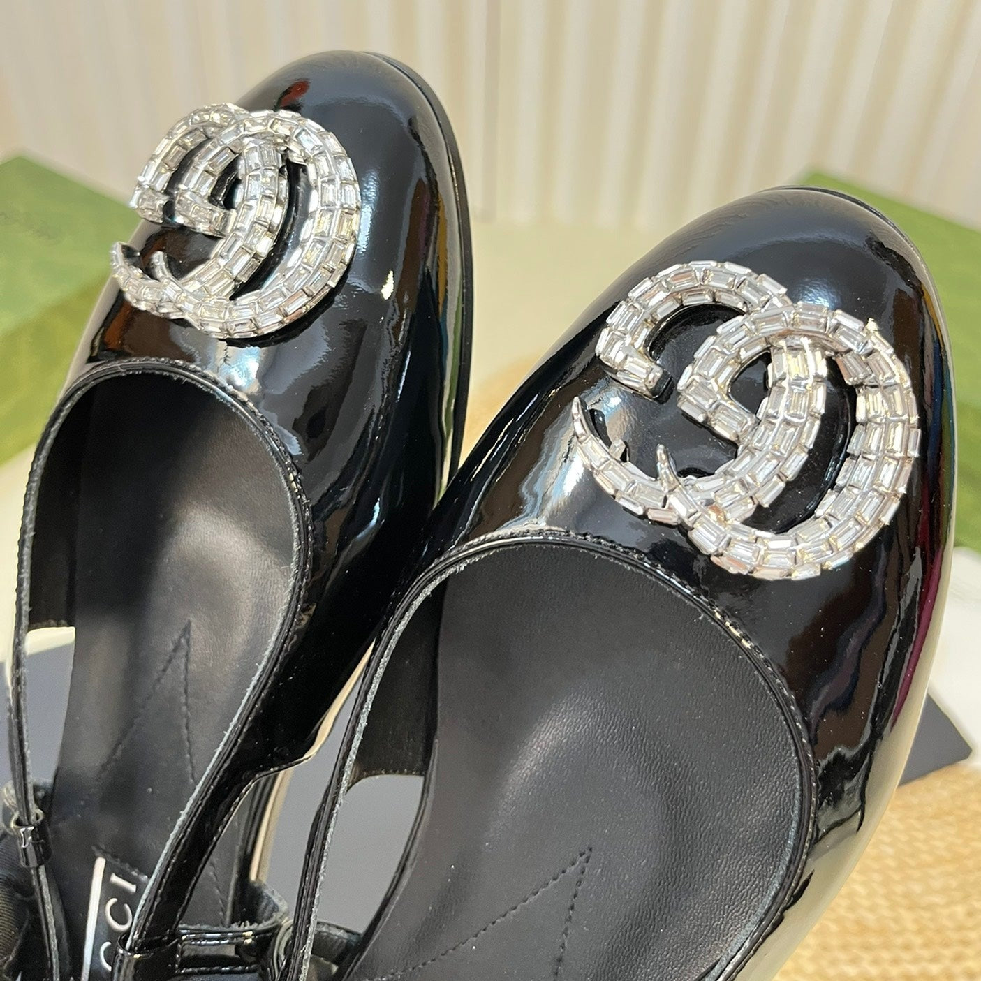 GUCCI Double G patent leather slingback ballet flats Glossy Black