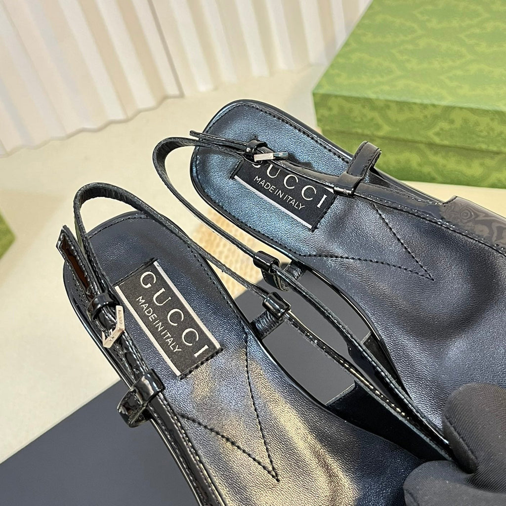 GUCCI Double G patent leather slingback ballet flats Glossy Black