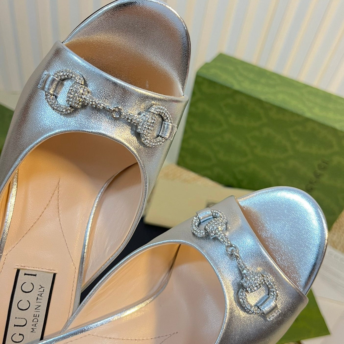 GUCCI Women's Horsebit mid-heel slide sandal in Silver