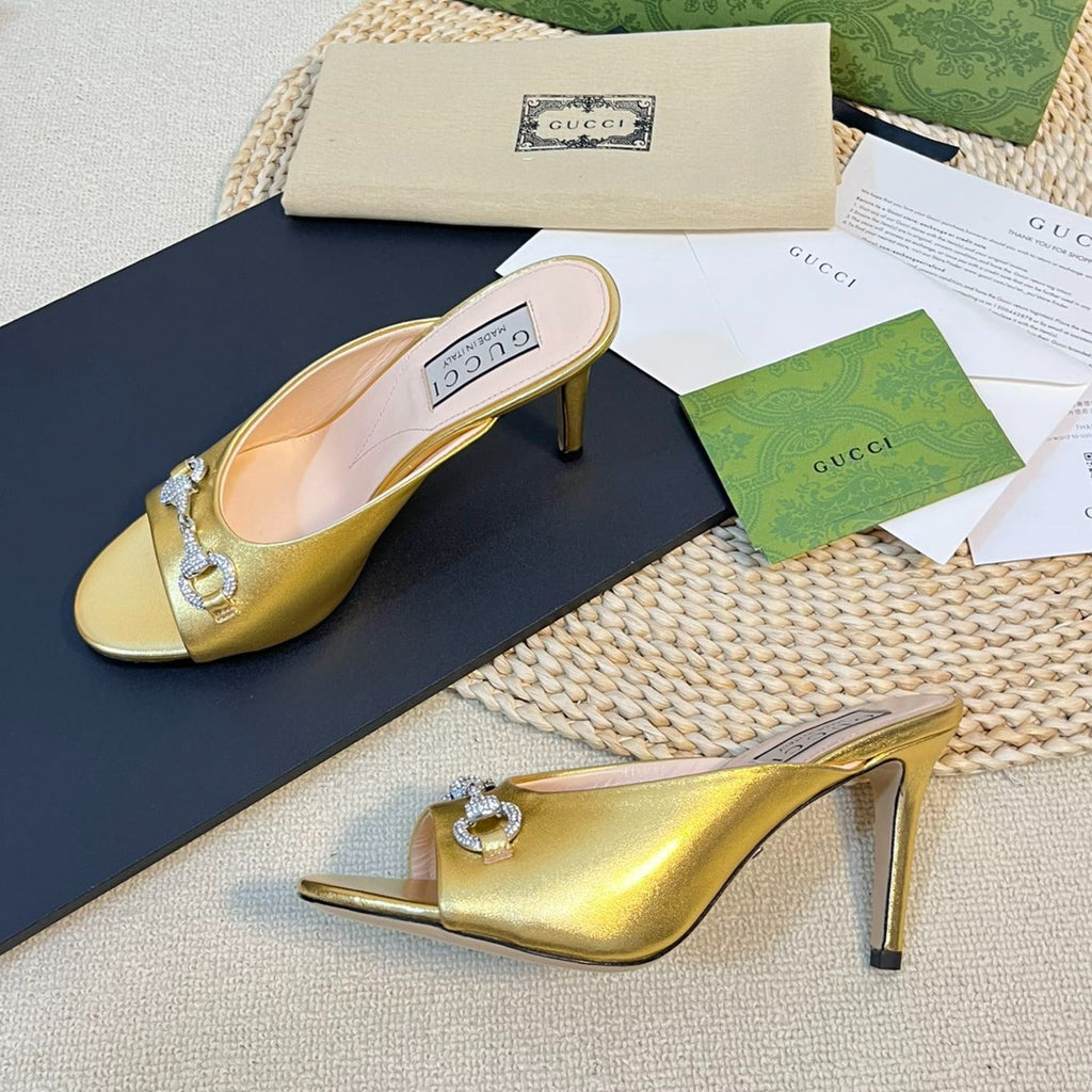 GUCCI Women's Horsebit mid-heel slide sandal in Gold