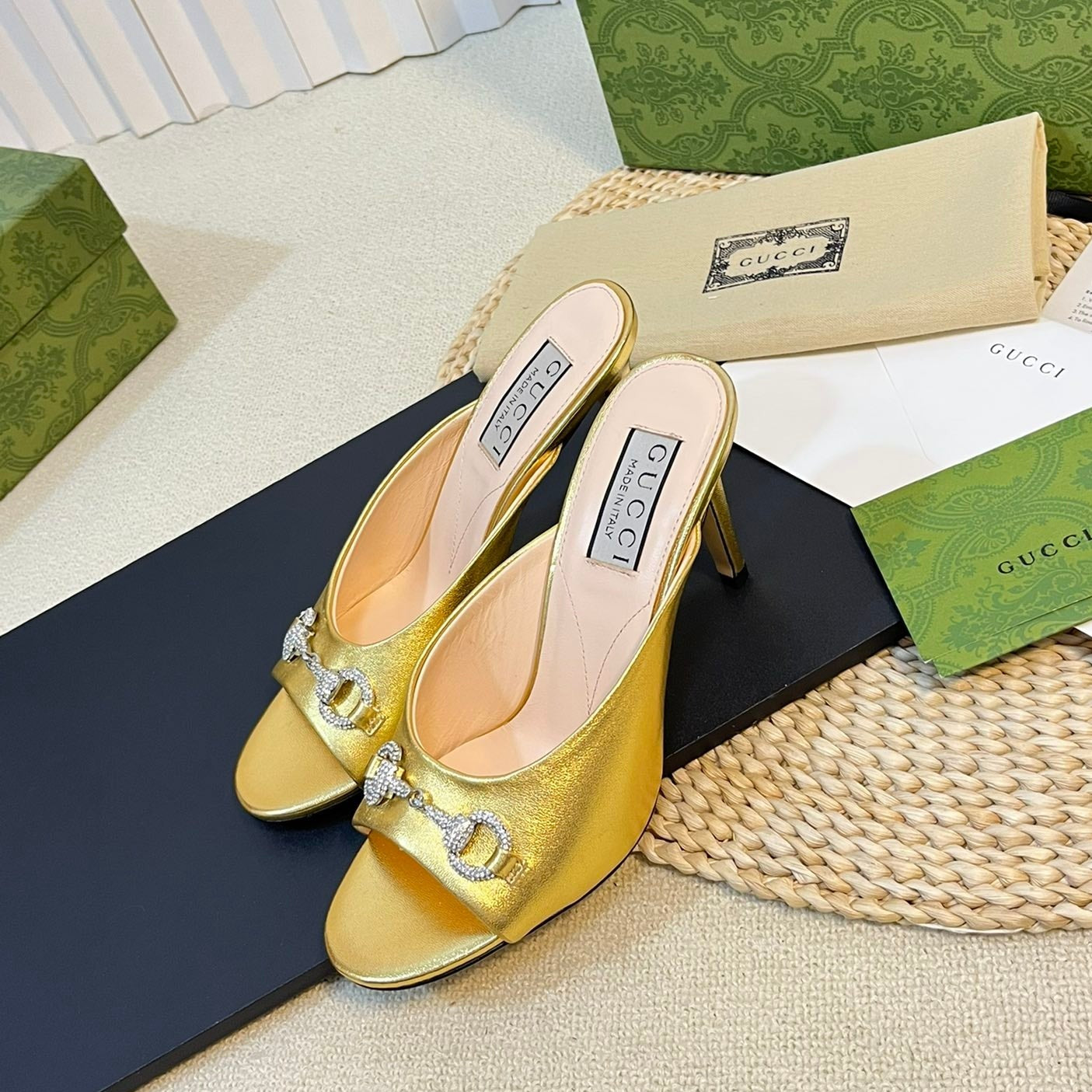 GUCCI Women's Horsebit mid-heel slide sandal in Gold