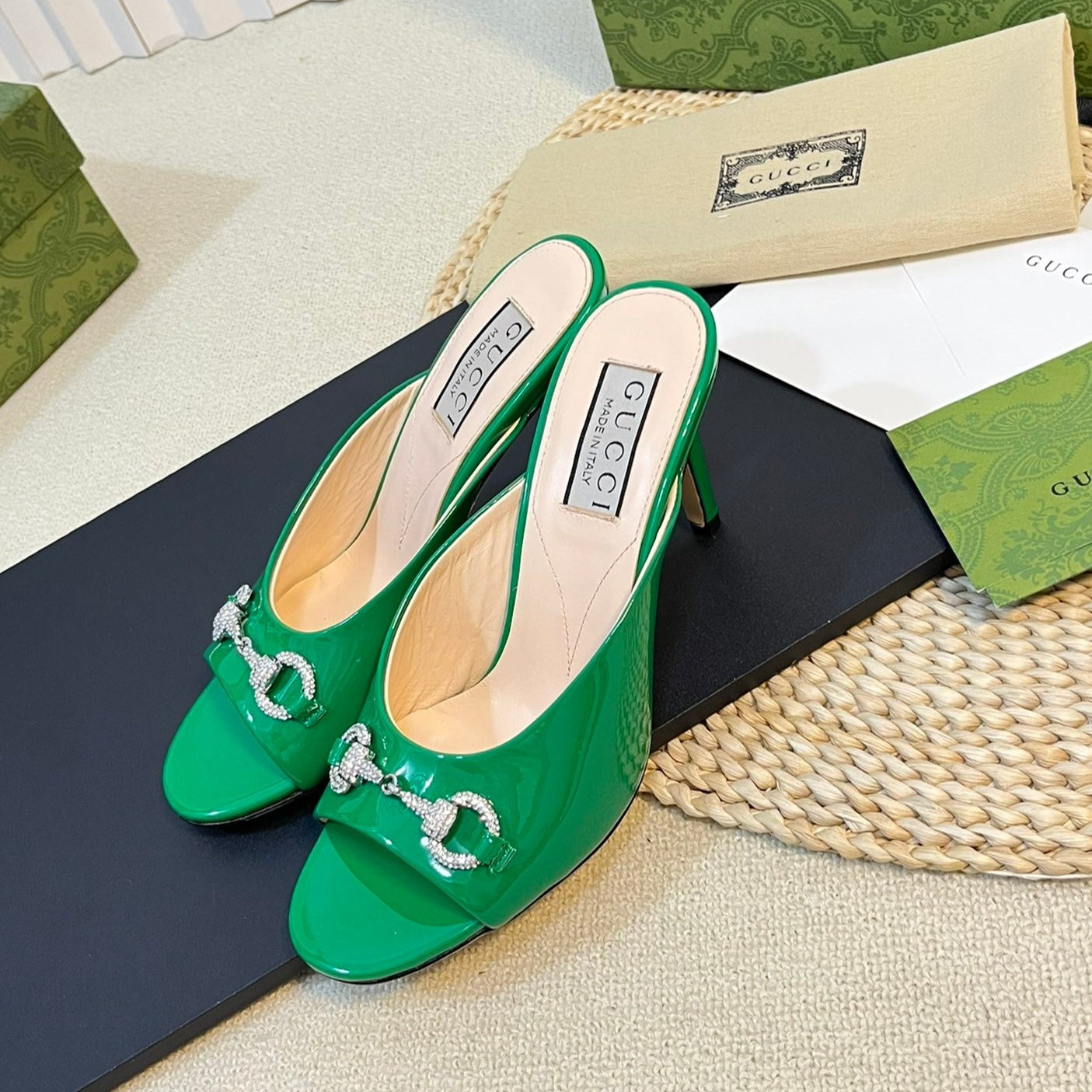 GUCCI Women's Horsebit mid-heel slide sandal in glossy Jade Green
