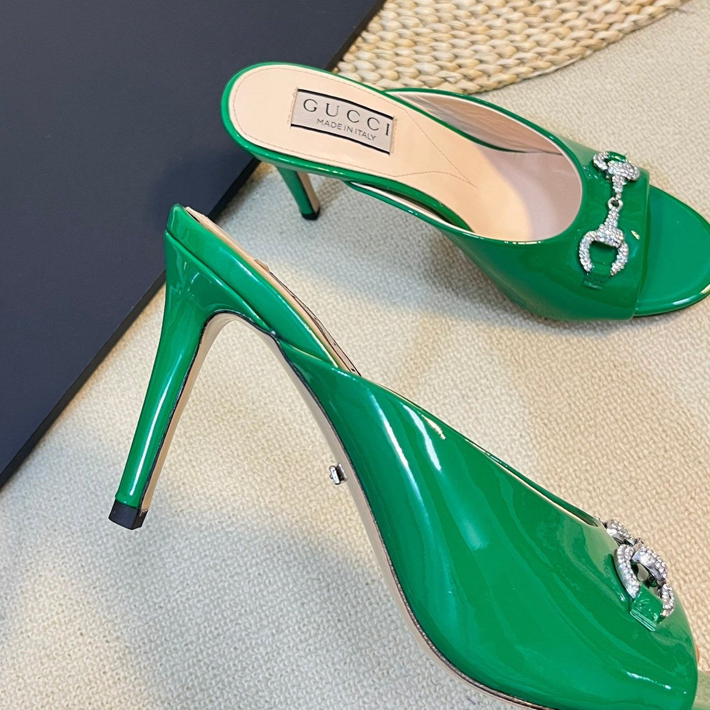GUCCI Women's Horsebit mid-heel slide sandal in glossy Jade Green