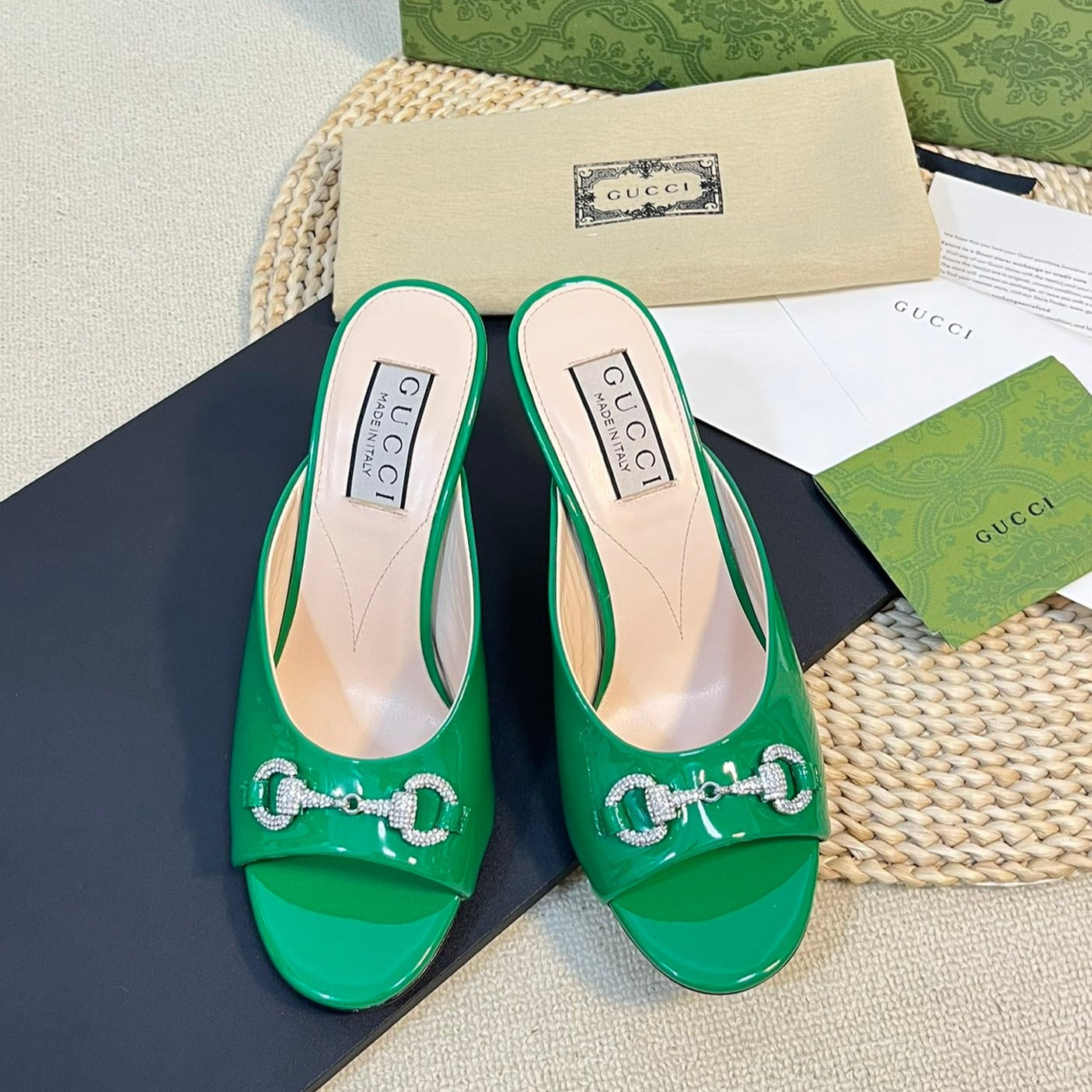 GUCCI Women's Horsebit mid-heel slide sandal in glossy Jade Green