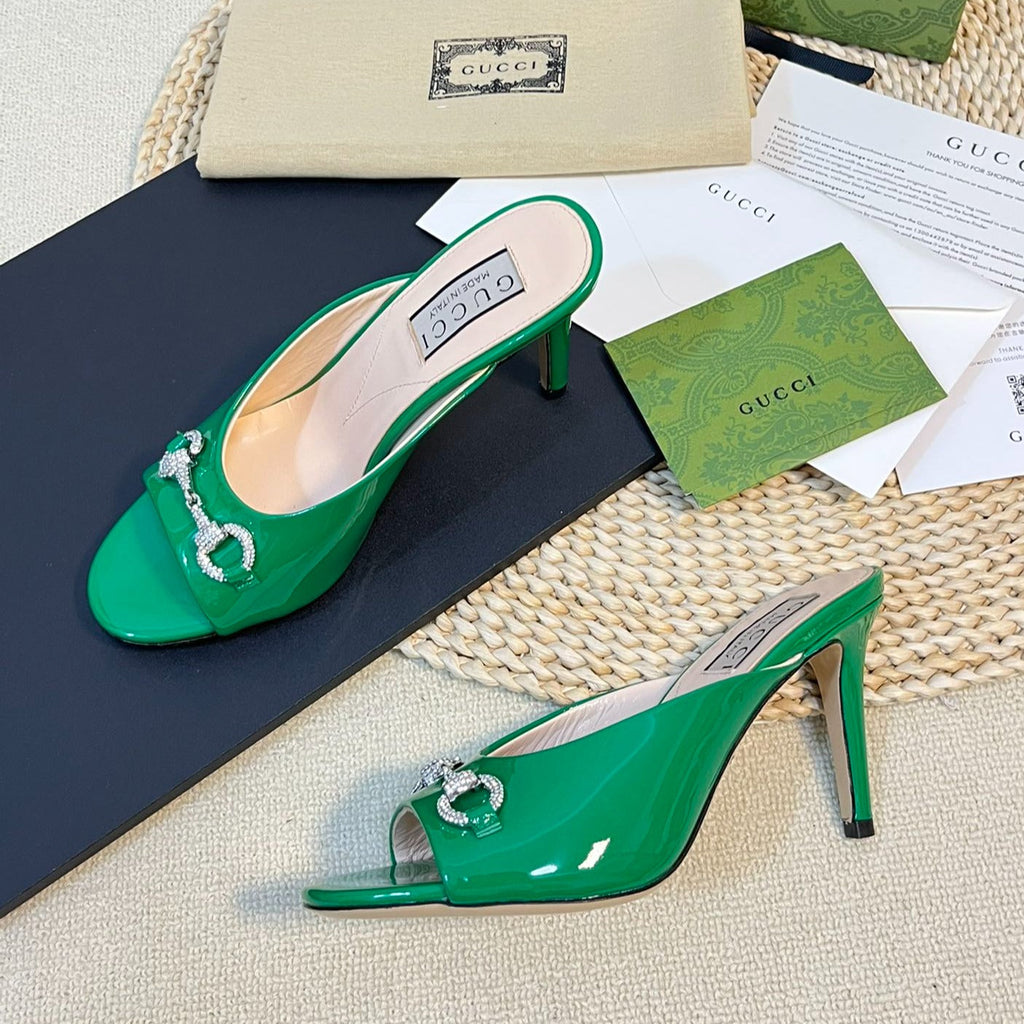 GUCCI Women's Horsebit mid-heel slide sandal in glossy Jade Green