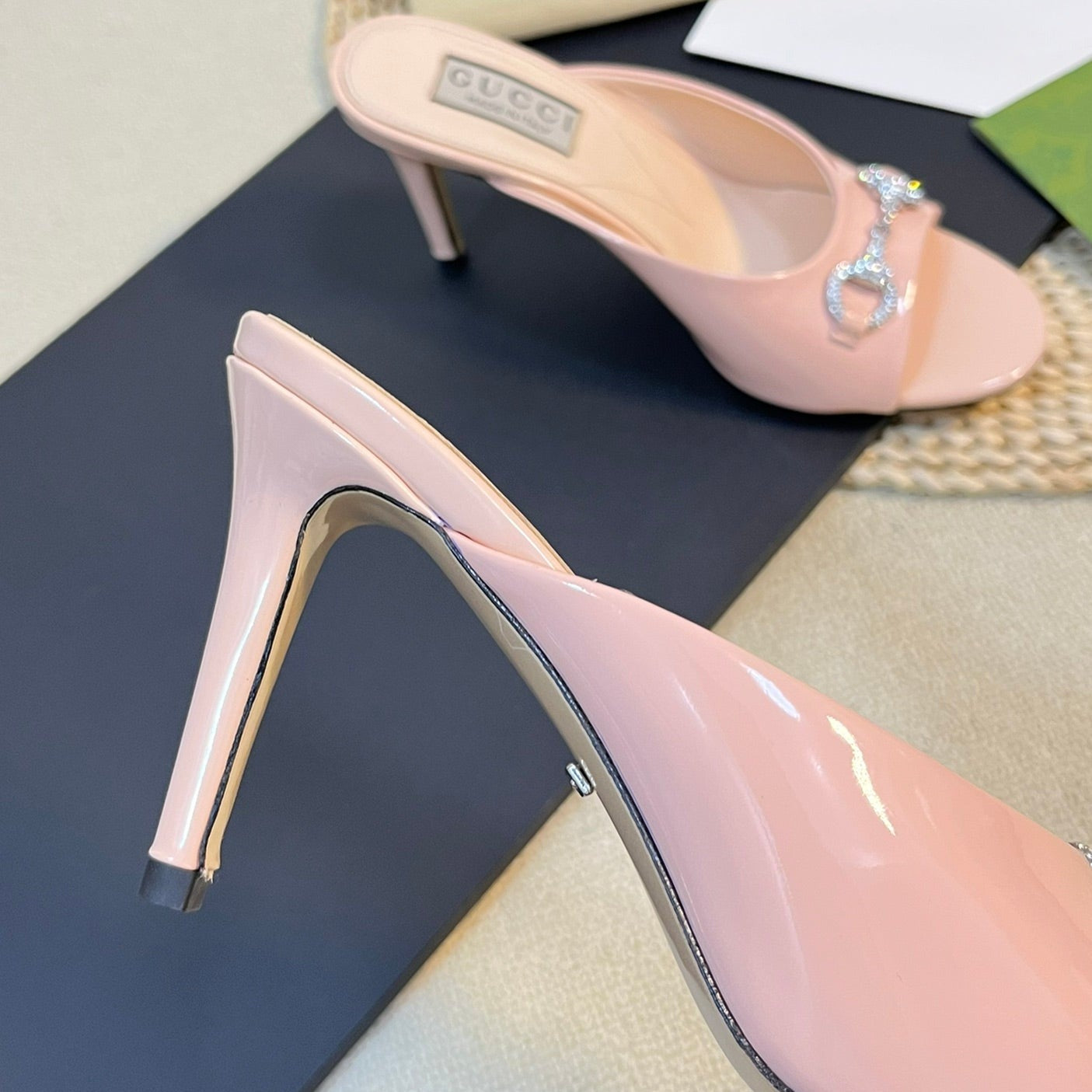 GUCCI Women's Horsebit mid-heel slide sandal in glossy Rose Pink