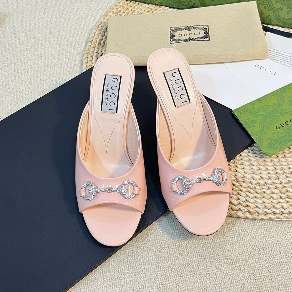 GUCCI Women's Horsebit mid-heel slide sandal in glossy Rose Pink