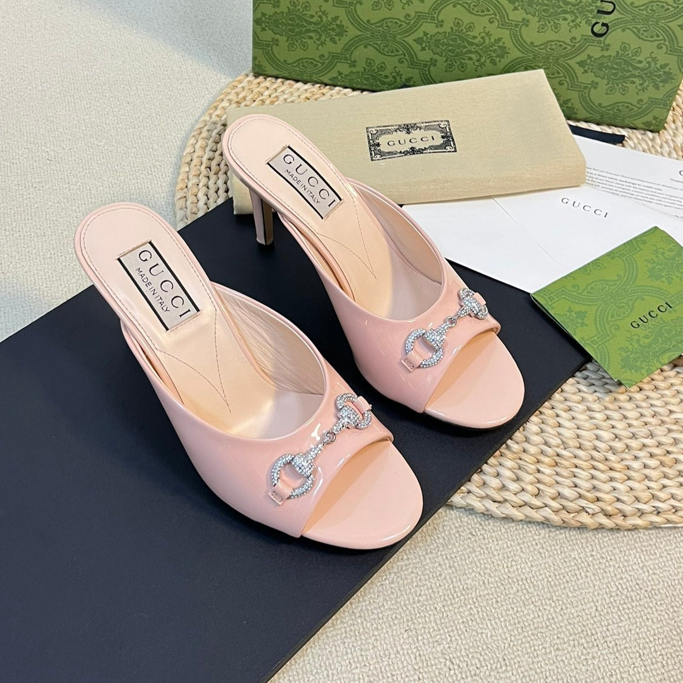 GUCCI Women's Horsebit mid-heel slide sandal in glossy Rose Pink