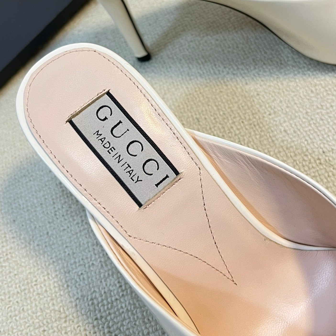 GUCCI Women's Horsebit mid-heel slide sandal in glossy White leather