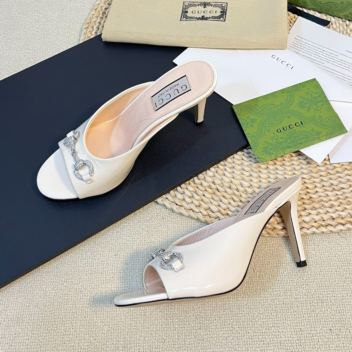 GUCCI Women's Horsebit mid-heel slide sandal in glossy White leather