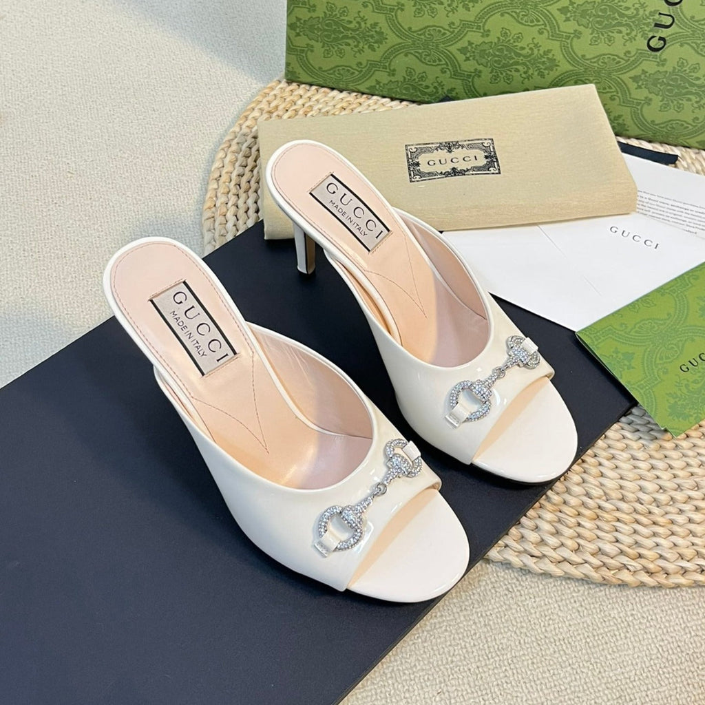 GUCCI Women's Horsebit mid-heel slide sandal in glossy White leather
