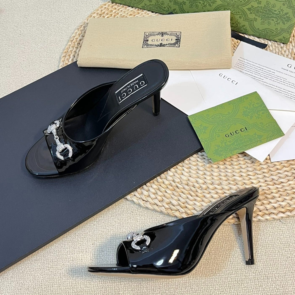 GUCCI Women's Horsebit mid-heel slide sandal in glossy black leather