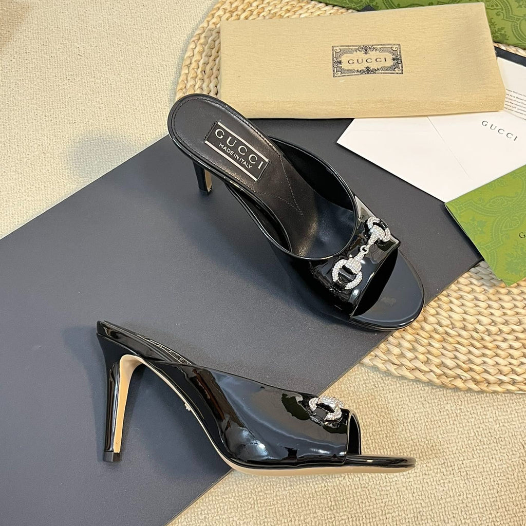 GUCCI Women's Horsebit mid-heel slide sandal in glossy black leather