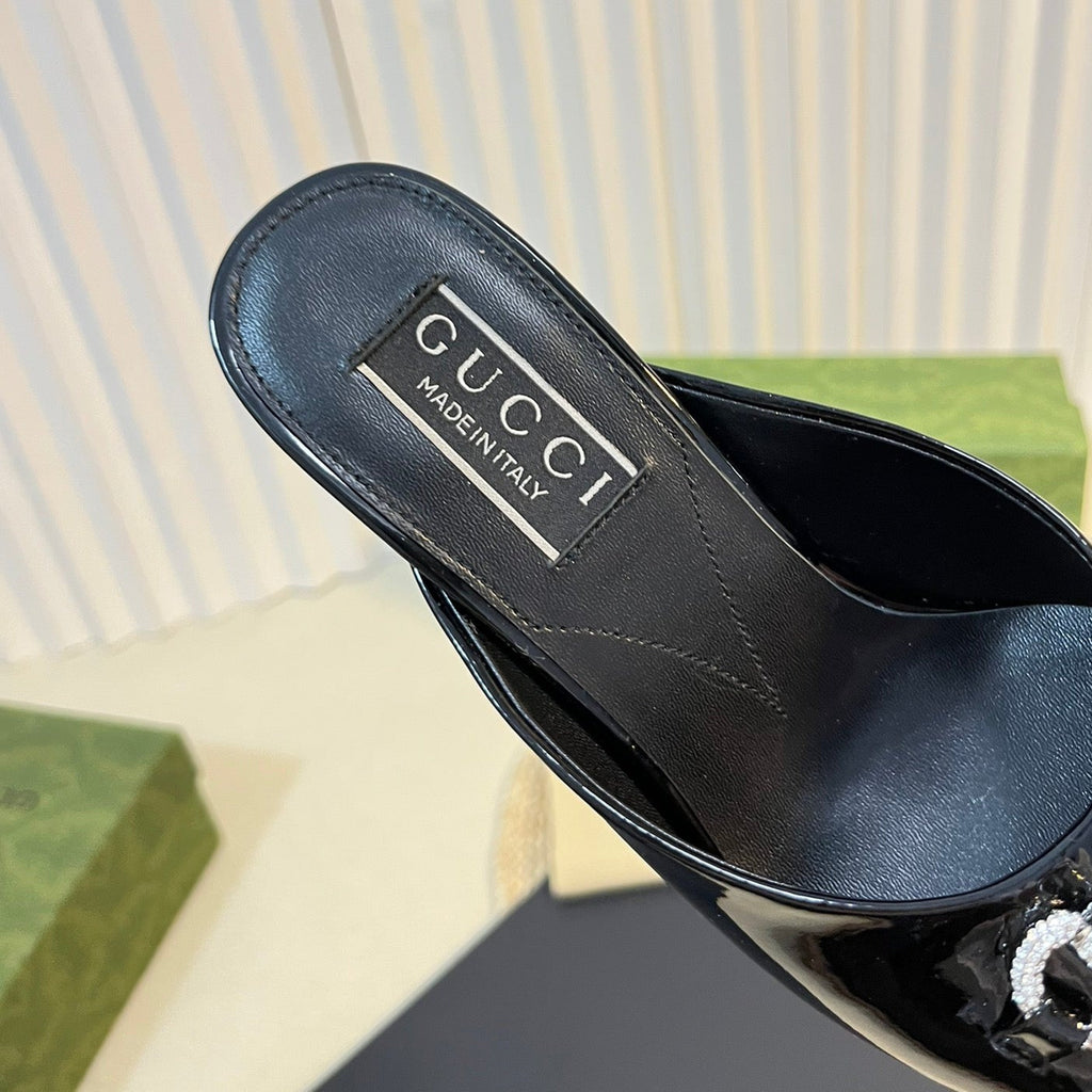 GUCCI Women's Horsebit mid-heel slide sandal in glossy black leather