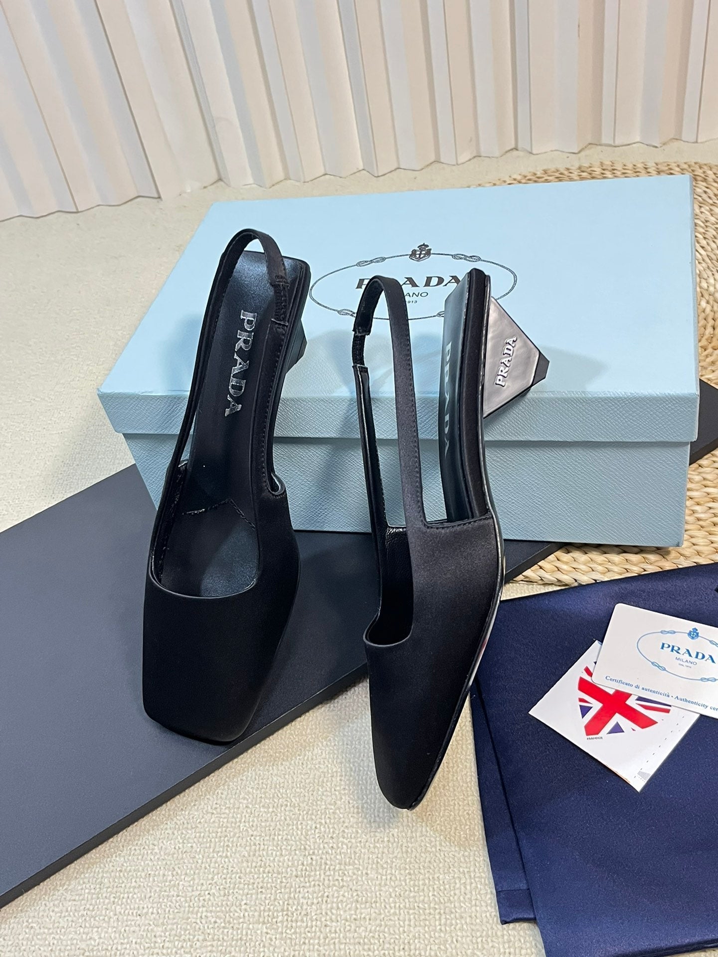 PRADA SQUARE TOE SLINGBACK PUMPS BLACK SATIN