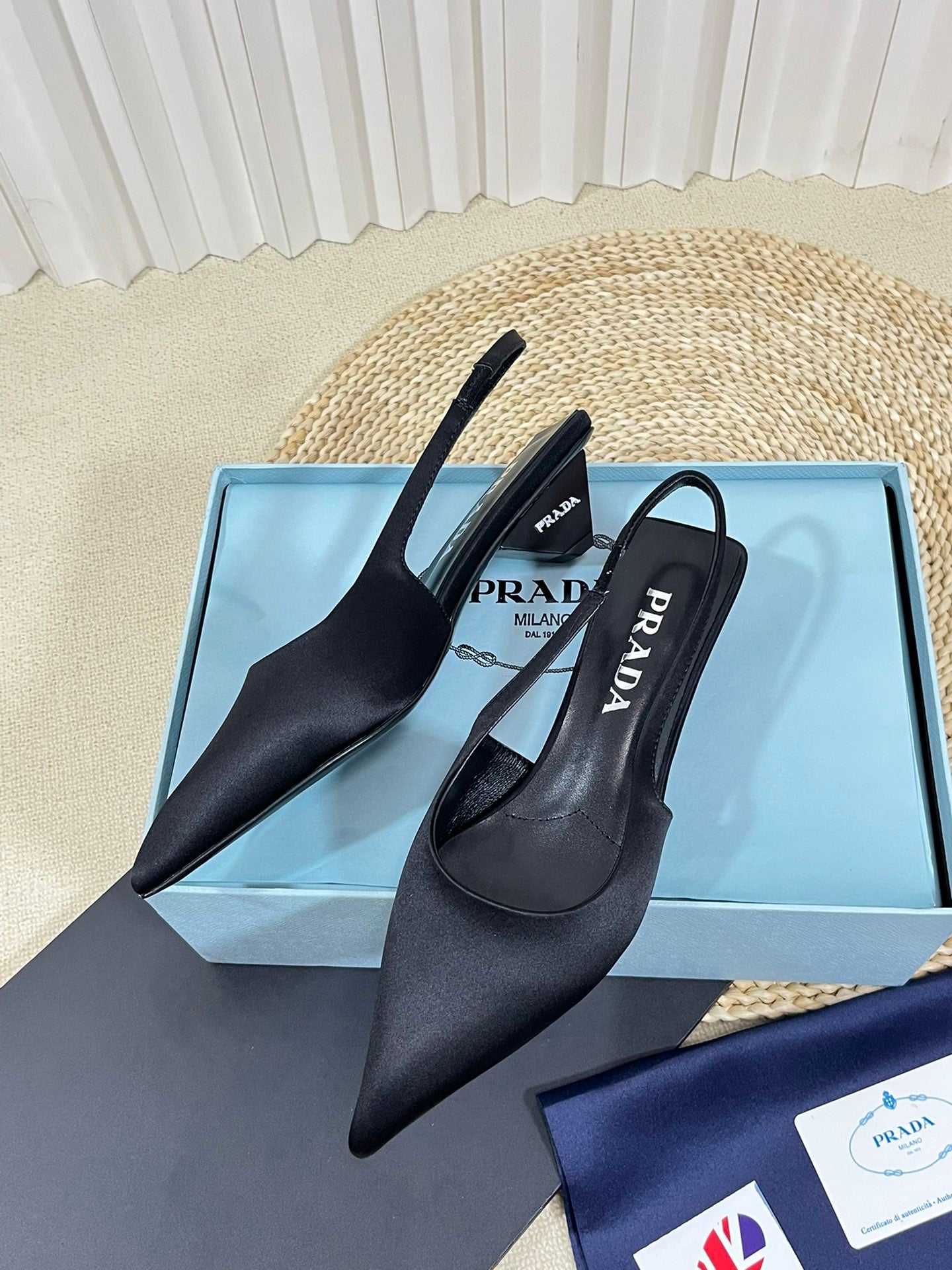 PRADA POINTED TOE SLINGBACK PUMPS BLACK SATIN