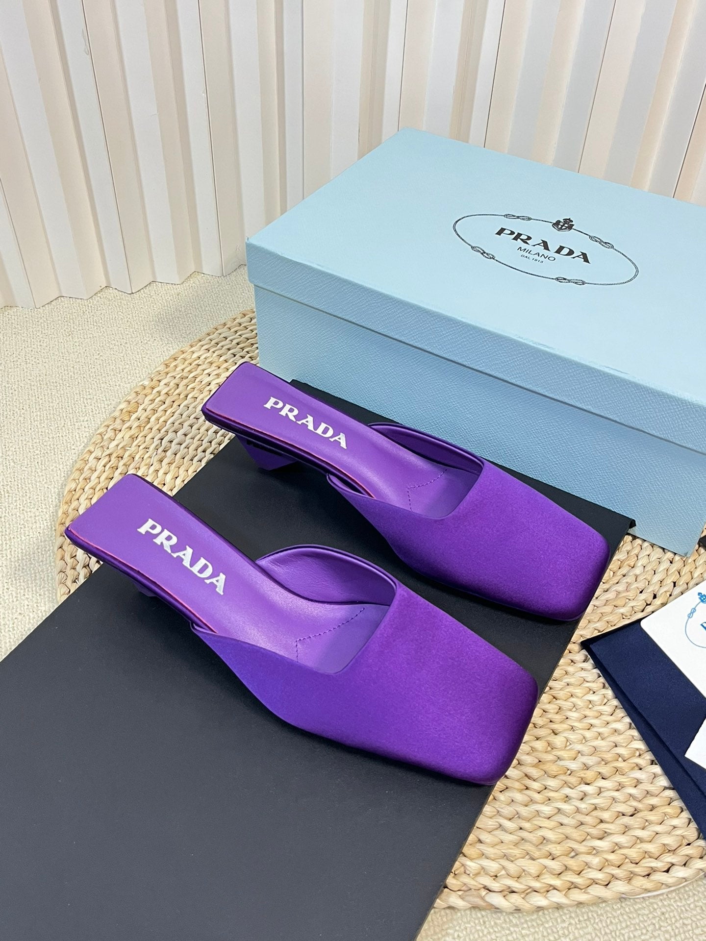 PRADA SQUARE TOE MULES VIOLET SATIN