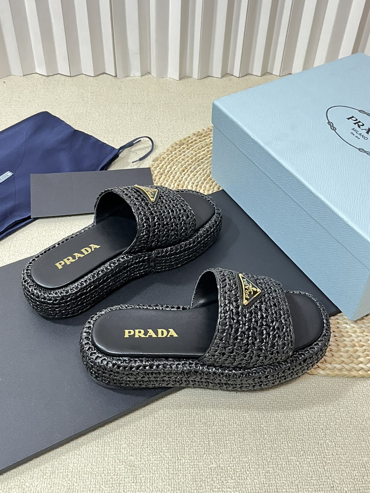 PRADA Crochet Flatform Slides 40 Black