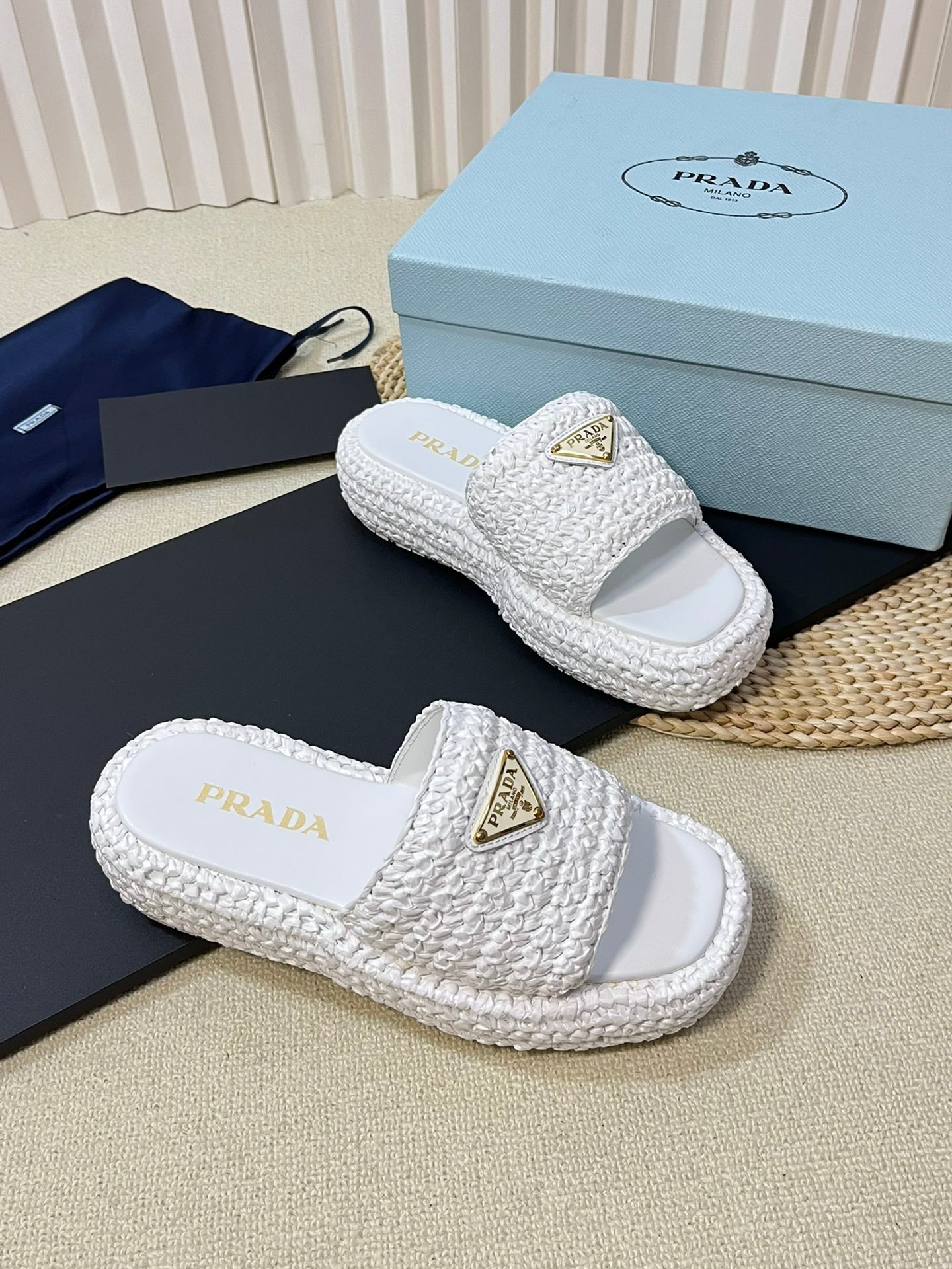 PRADA CROCHET FLATFORM SLIDES WHITE RAFFIA