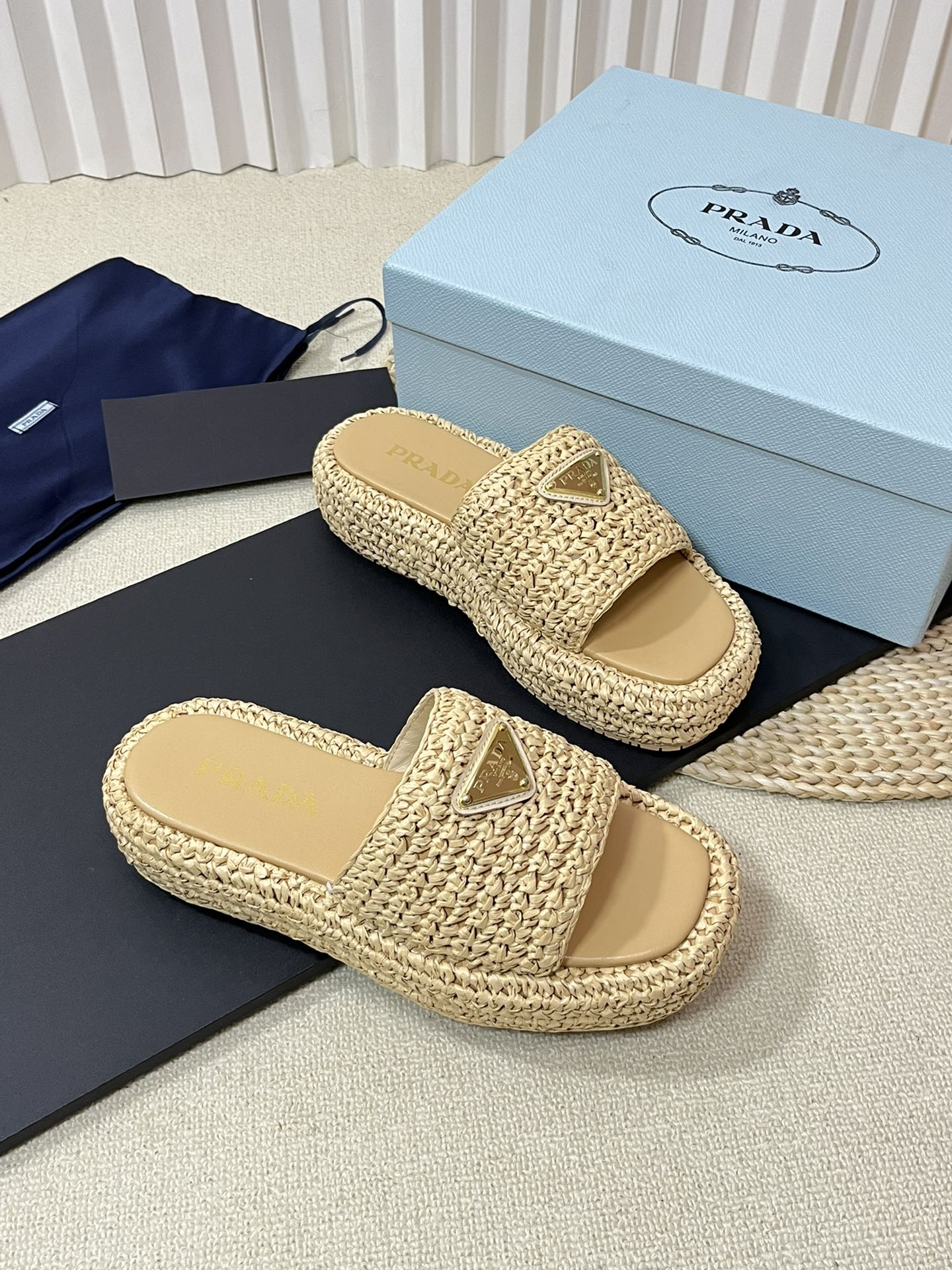 PRADA Crochet Flatform Slides 40 Beige