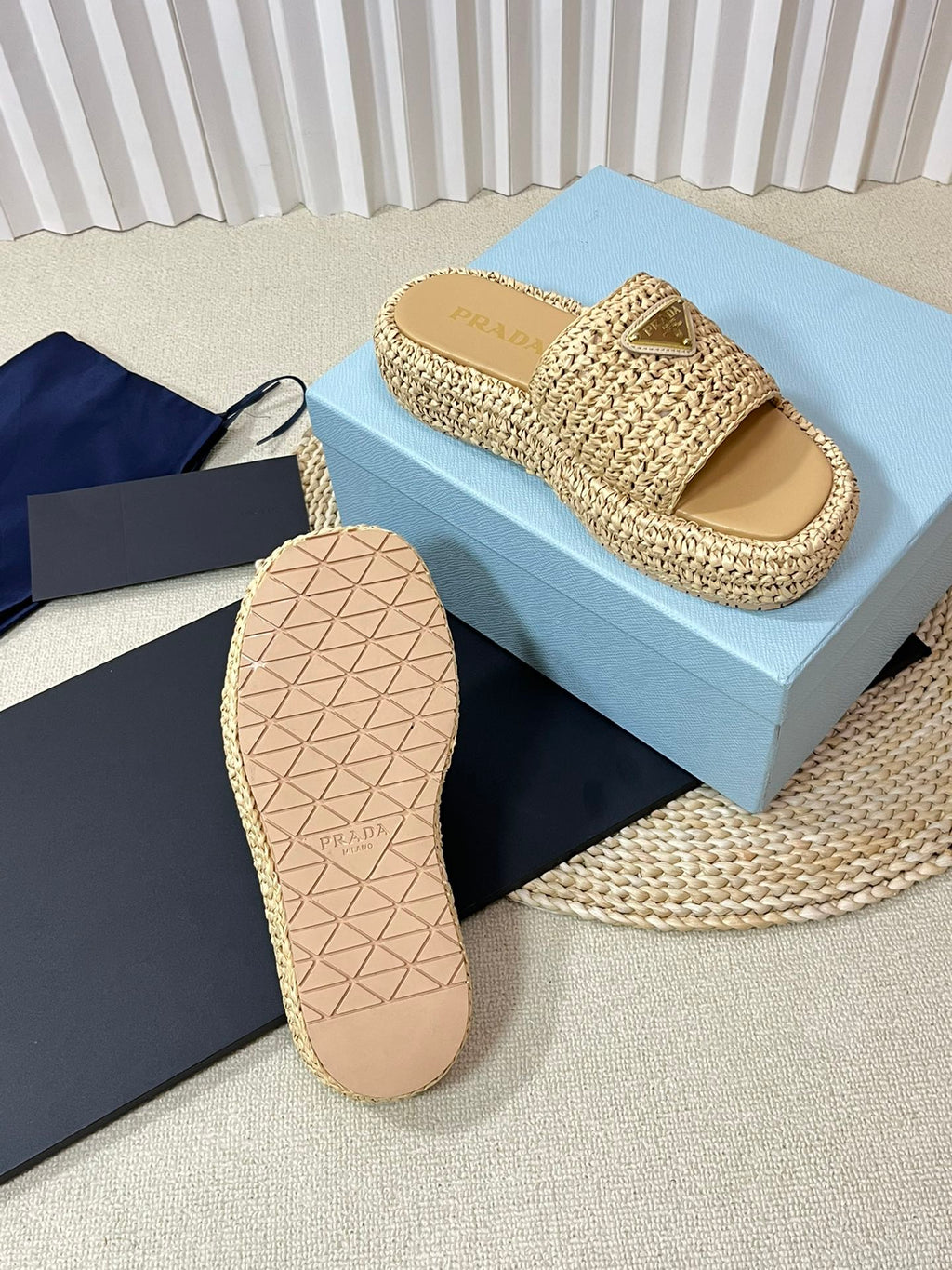 PRADA CROCHET FLATFORM SLIDES BEIGE RAFFIA