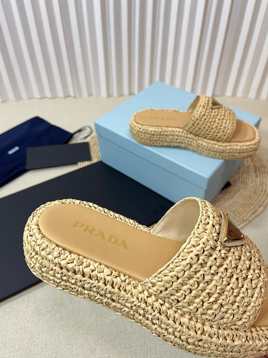 PRADA CROCHET FLATFORM SLIDES BEIGE RAFFIA