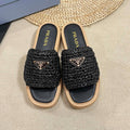 PRADA WEDGE FLATFORM SLIDES BLACK RAFFIA