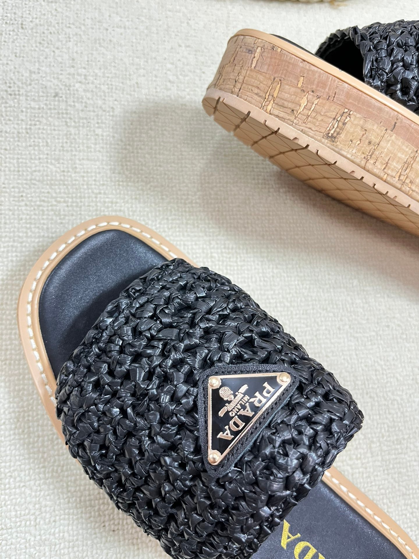 PRADA WEDGE FLATFORM SLIDES BLACK RAFFIA