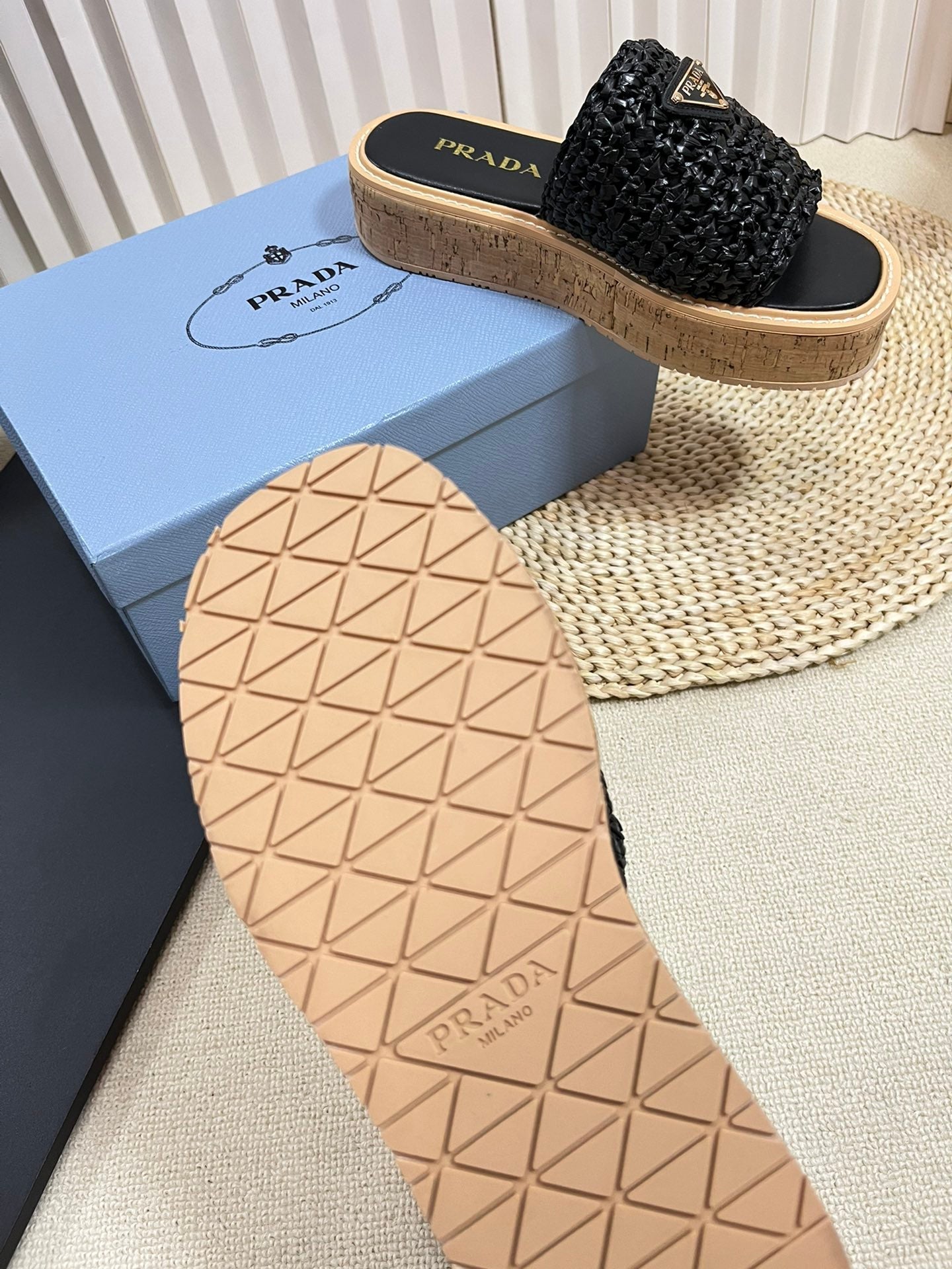 PRADA Crochet Flatform Slides 40 Lightweight Cork Sole Black