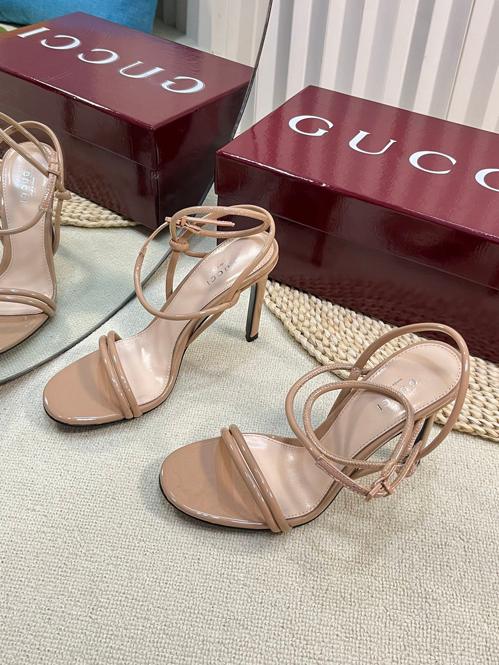 GUCCI HIGH SANDAL 10 CM IN TAN BEIGE GLOSSY CALFSKIN