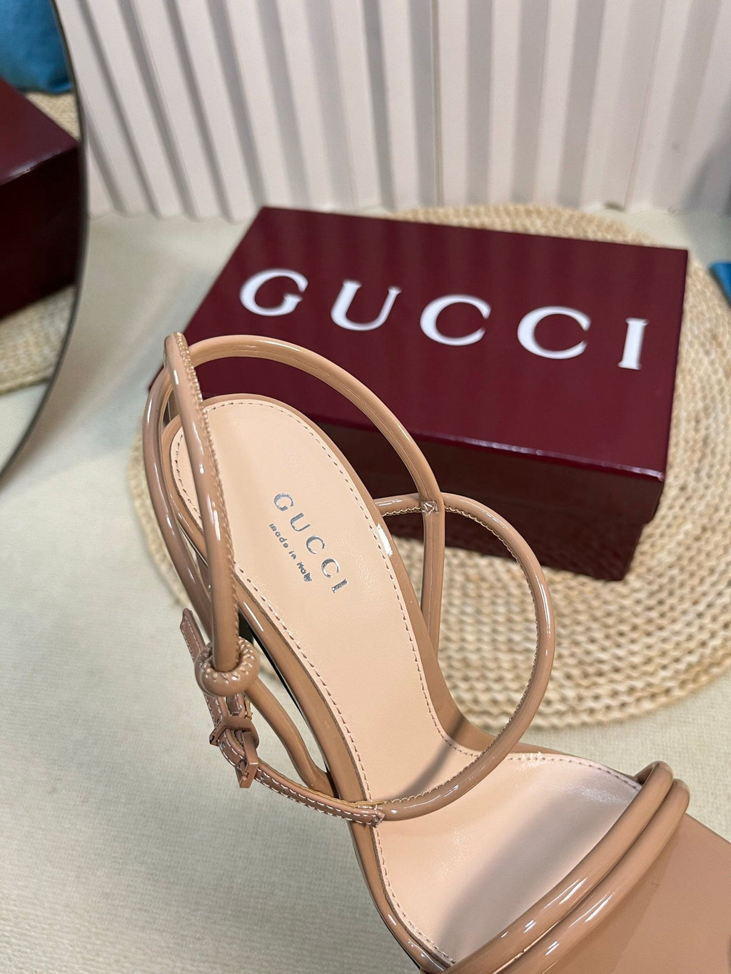 GUCCI HIGH SANDAL 10 CM IN TAN BEIGE GLOSSY CALFSKIN