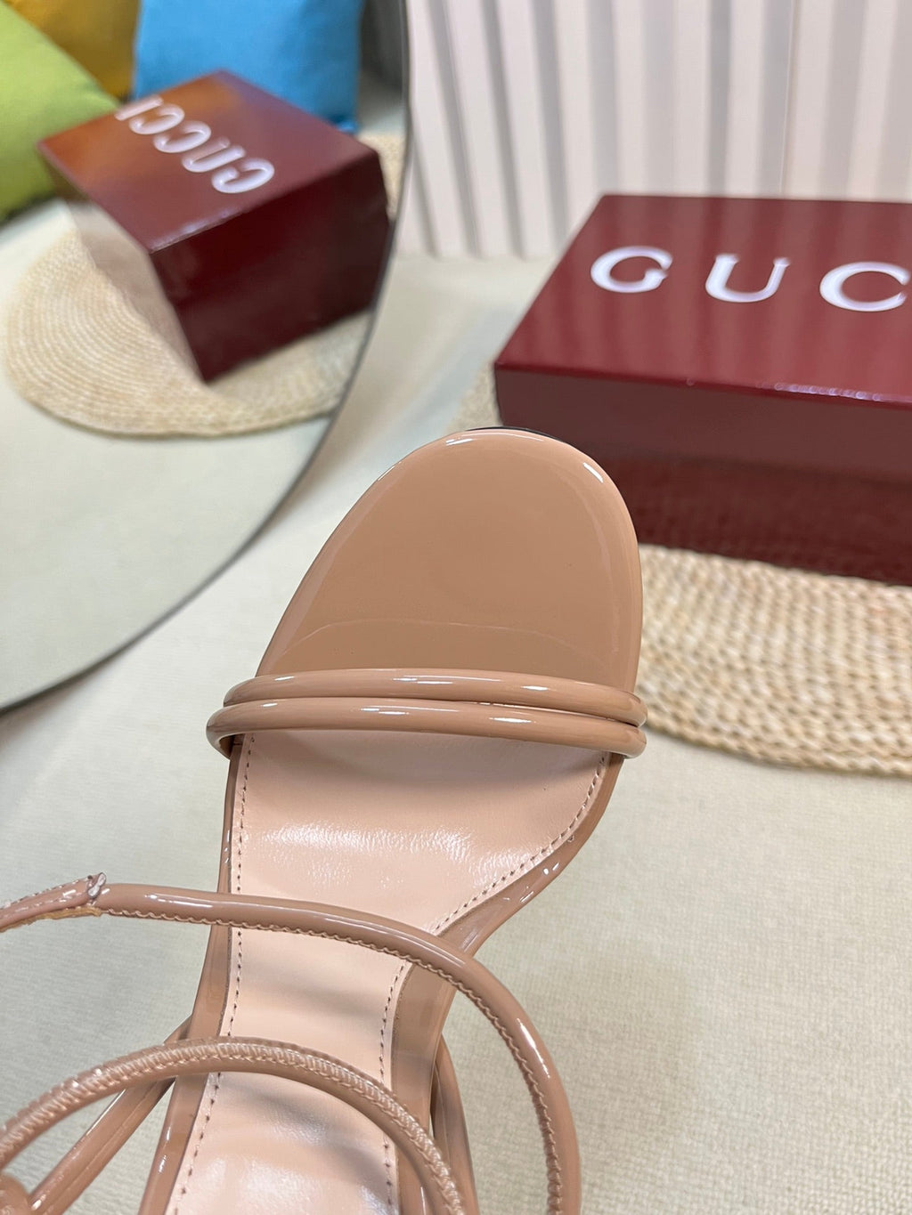 GUCCI HIGH SANDAL 10 CM IN TAN BEIGE GLOSSY CALFSKIN