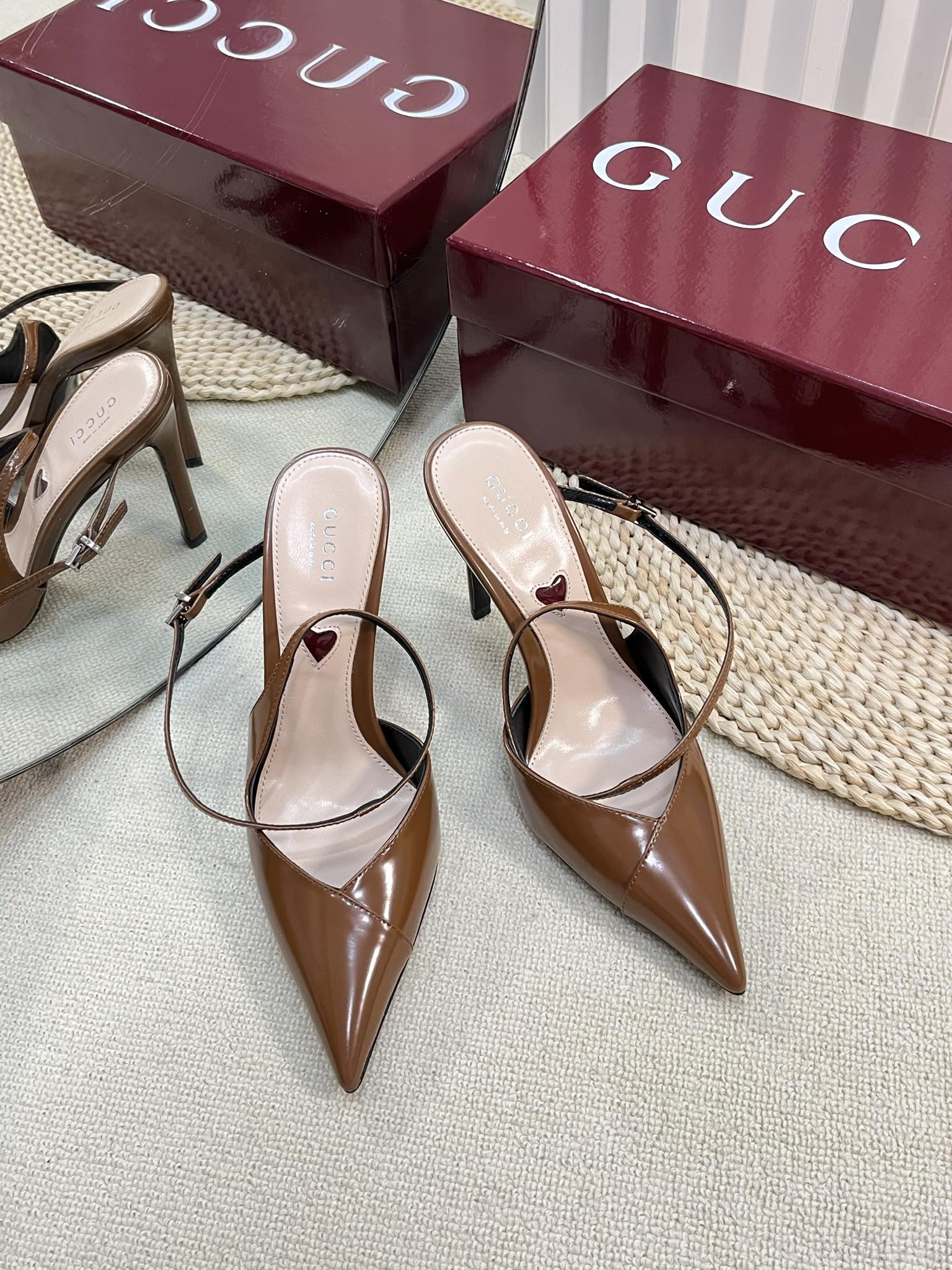 GUCCI HIGH SLINGBACK PUMP 10 CM IN BRONZE BROWN GLOSSY CALFSKIN