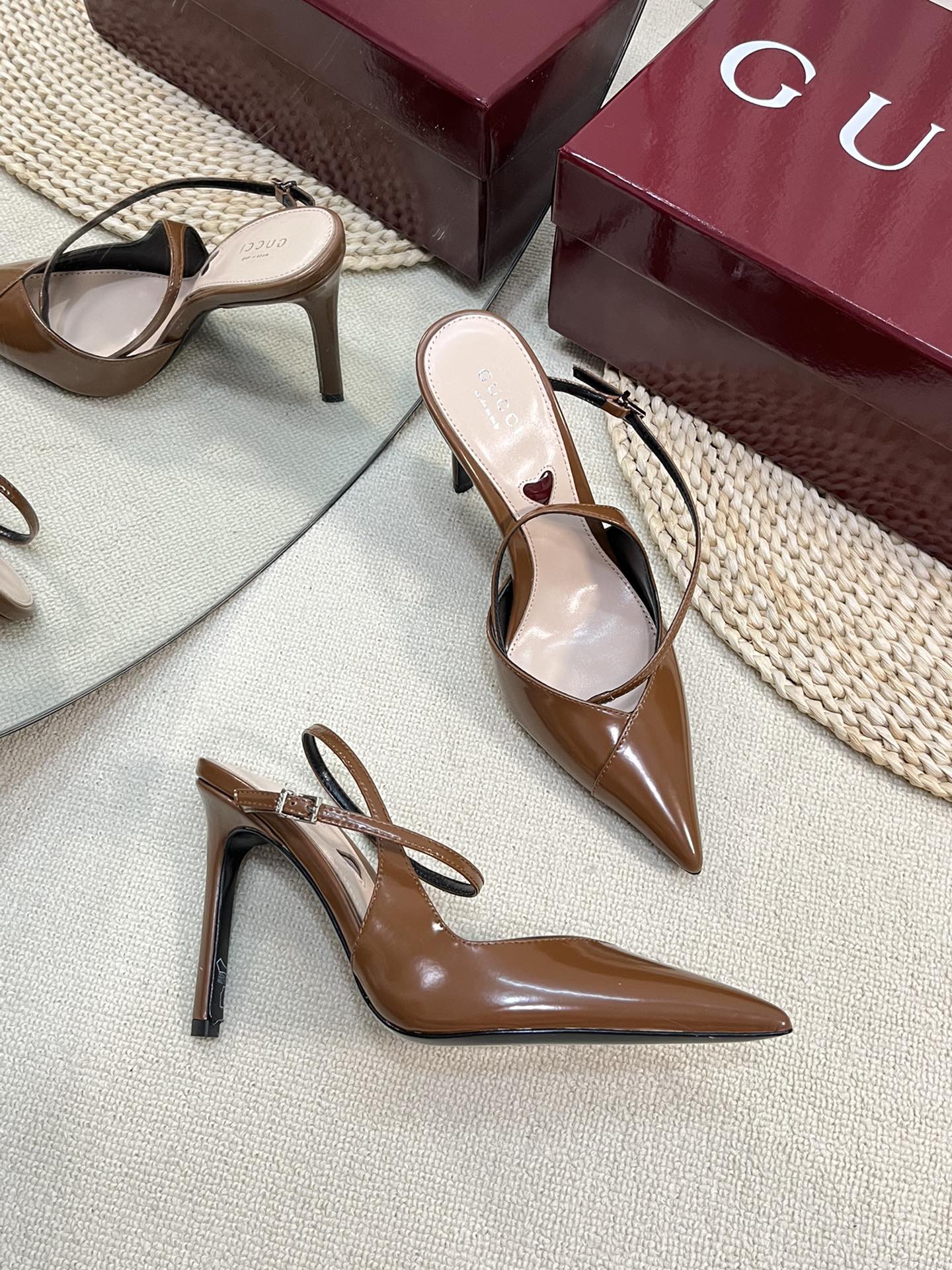 GUCCI HIGH SLINGBACK PUMP 10 CM IN BRONZE BROWN GLOSSY CALFSKIN