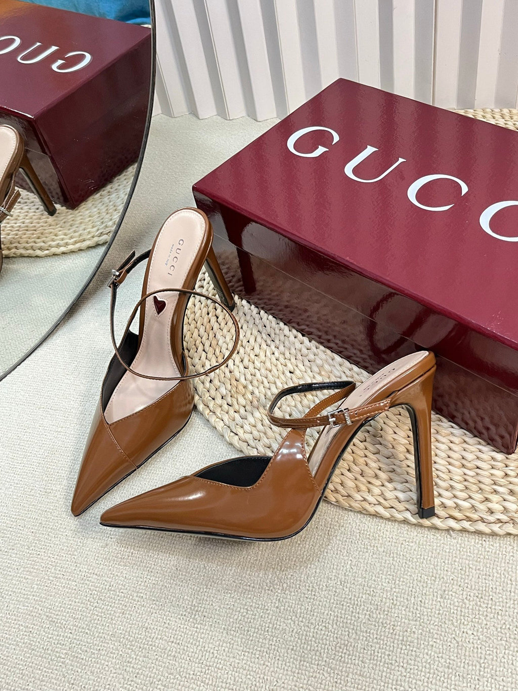 GUCCI HIGH SLINGBACK PUMP 10 CM IN BRONZE BROWN GLOSSY CALFSKIN
