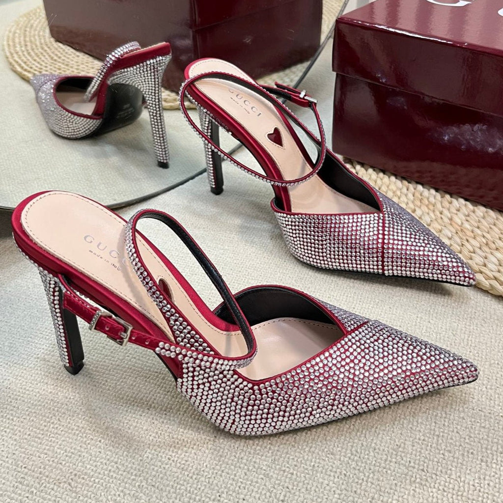 GUCCI HIGH SLINGBACK 10 CM IN CHERRY RED SILK WITH FULL RHINSTONES