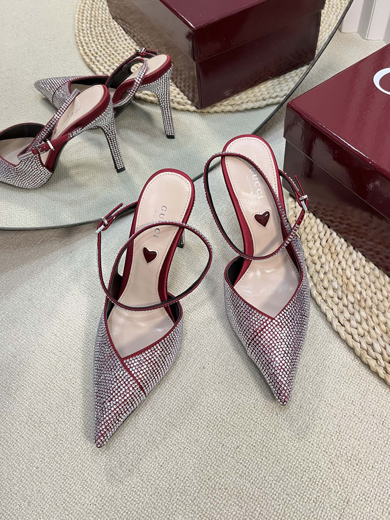 GUCCI HIGH SLINGBACK 10 CM IN CHERRY RED SILK WITH FULL RHINSTONES