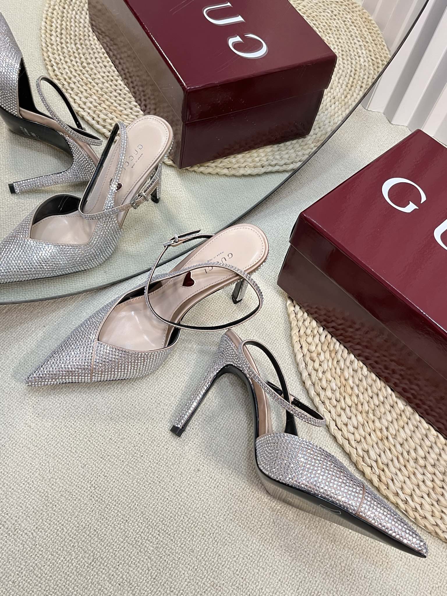 GUCCI HIGH SLINGBACK 10 CM IN BEIGE SILK WITH FULL RHINSTONES