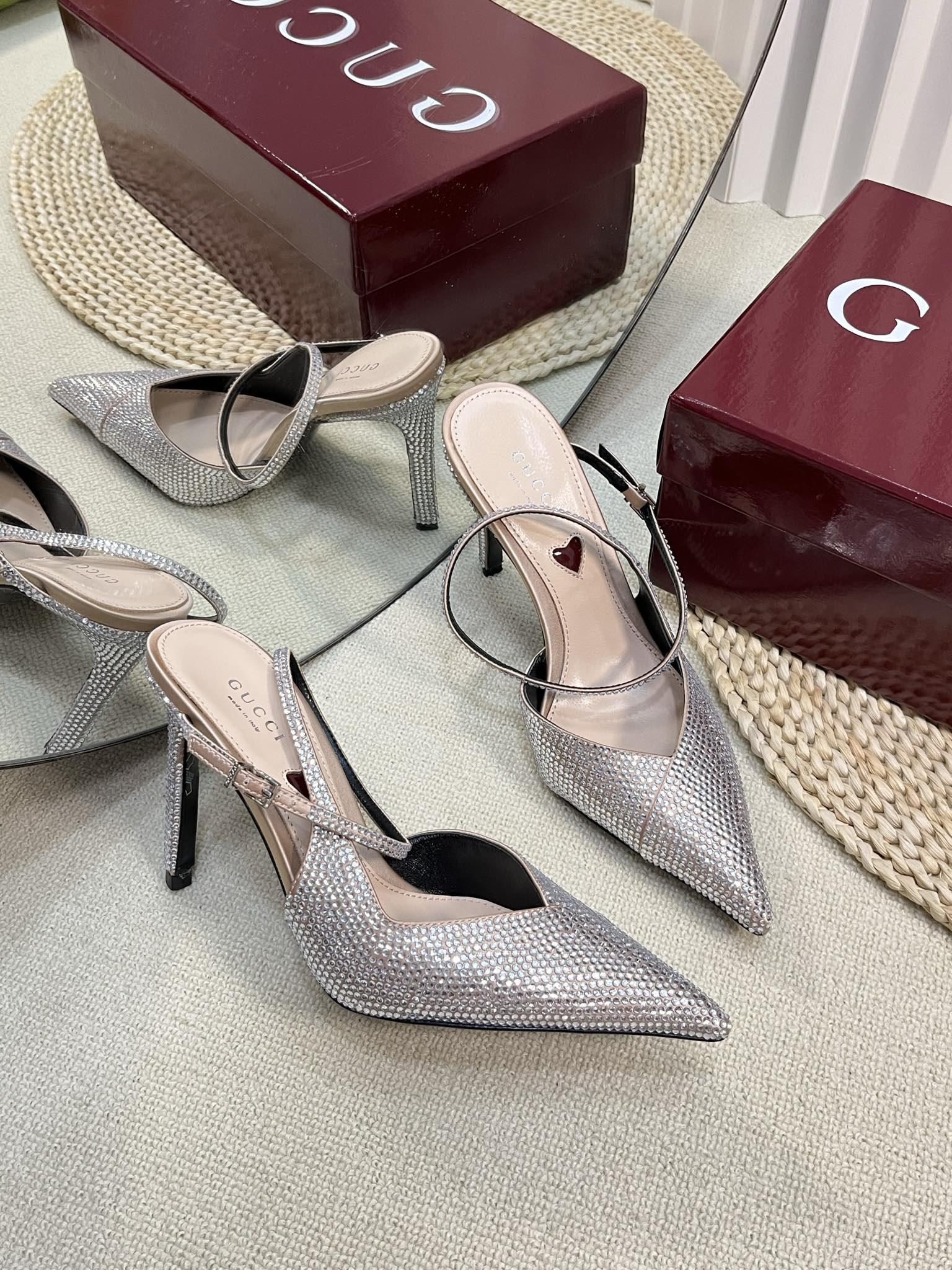 GUCCI HIGH SLINGBACK 10 CM IN BEIGE SILK WITH FULL RHINSTONES