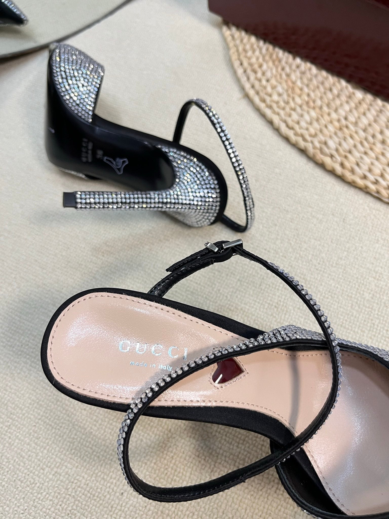 GUCCI HIGH SLINGBACK 10 CM IN BLACK SILK WITH FULL RHINSTONES