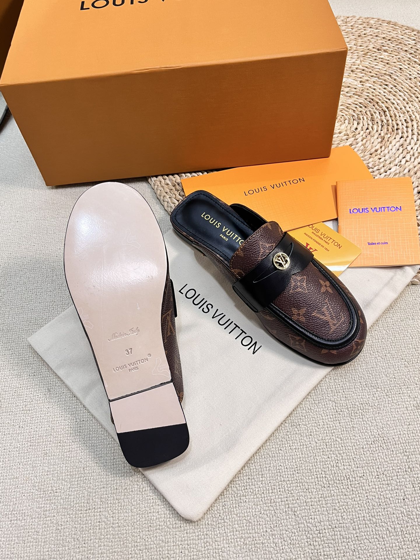 LOUIS VUITTON LV CAPRI OPEN BACK LOAFERS IN CHESTNUT BROWN MONOGRAM CALFSKIN
