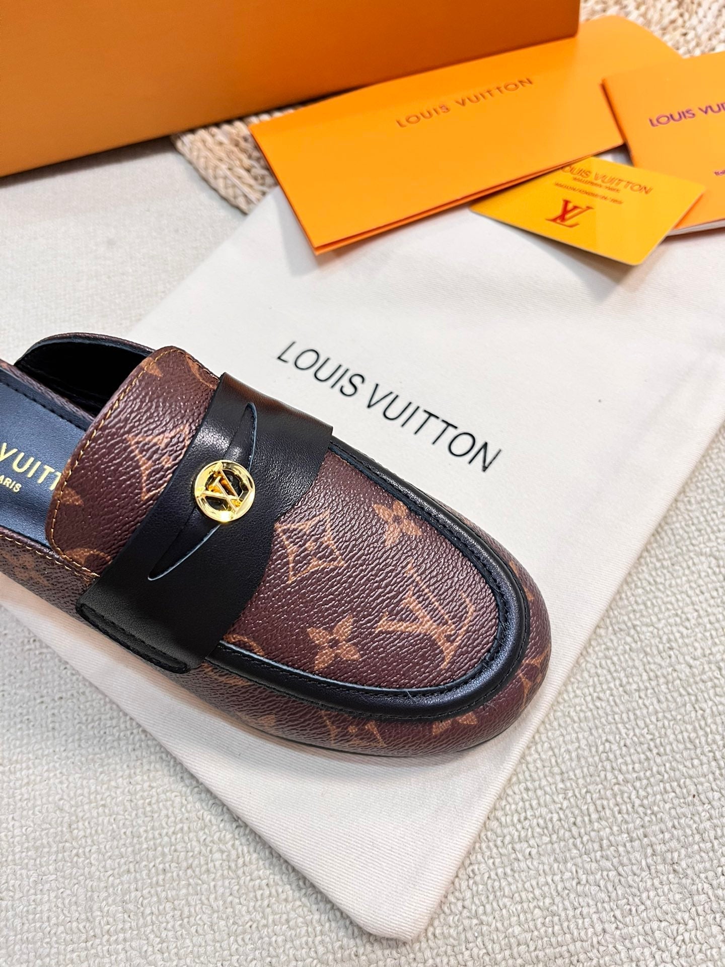 LOUIS VUITTON LV CAPRI OPEN BACK LOAFERS IN CHESTNUT BROWN MONOGRAM CALFSKIN