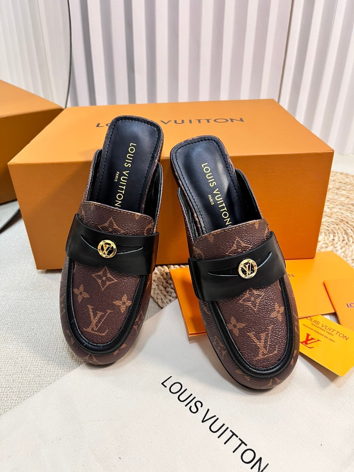 LOUIS VUITTON LV CAPRI OPEN BACK LOAFERS IN CHESTNUT BROWN MONOGRAM CALFSKIN