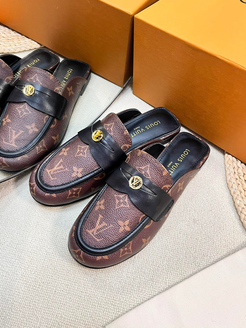 LOUIS VUITTON LV CAPRI OPEN BACK LOAFERS IN CHESTNUT BROWN MONOGRAM CALFSKIN