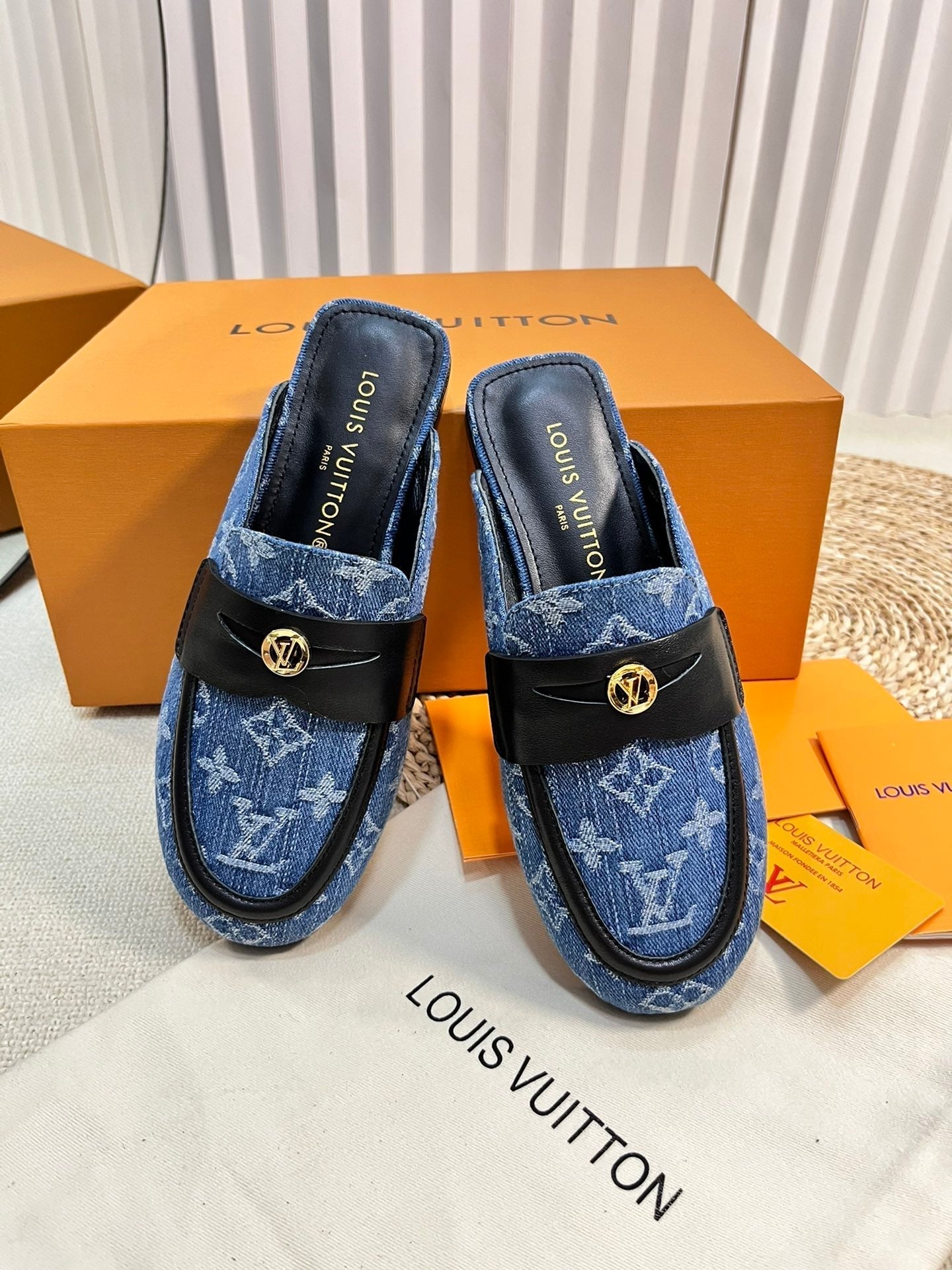 LOUIS VUITTON LV CAPRI OPEN BACK LOAFERS IN COBALT BLUE MONOGRAM DENIM
