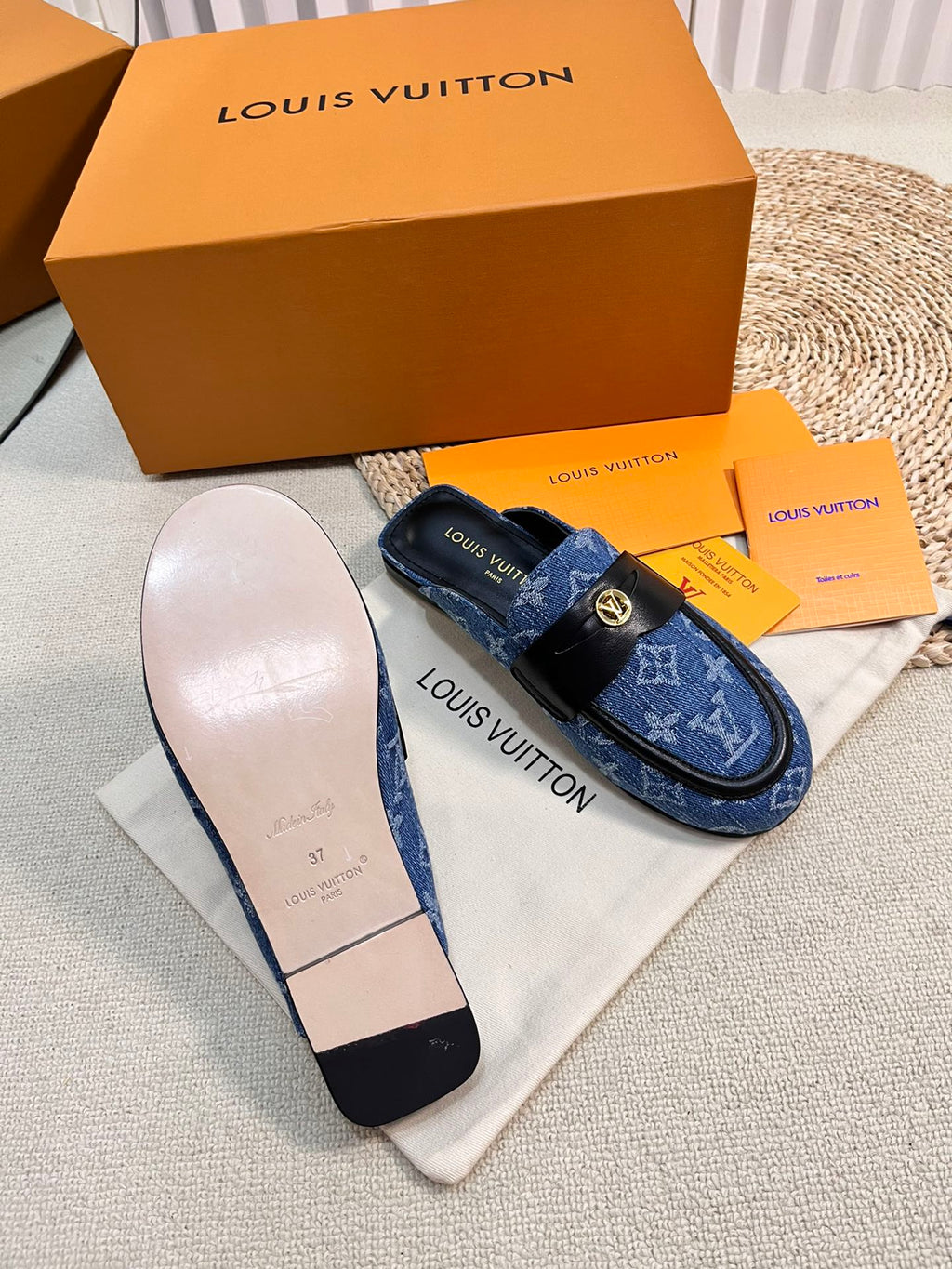 LOUIS VUITTON LV CAPRI OPEN BACK LOAFERS IN COBALT BLUE MONOGRAM DENIM