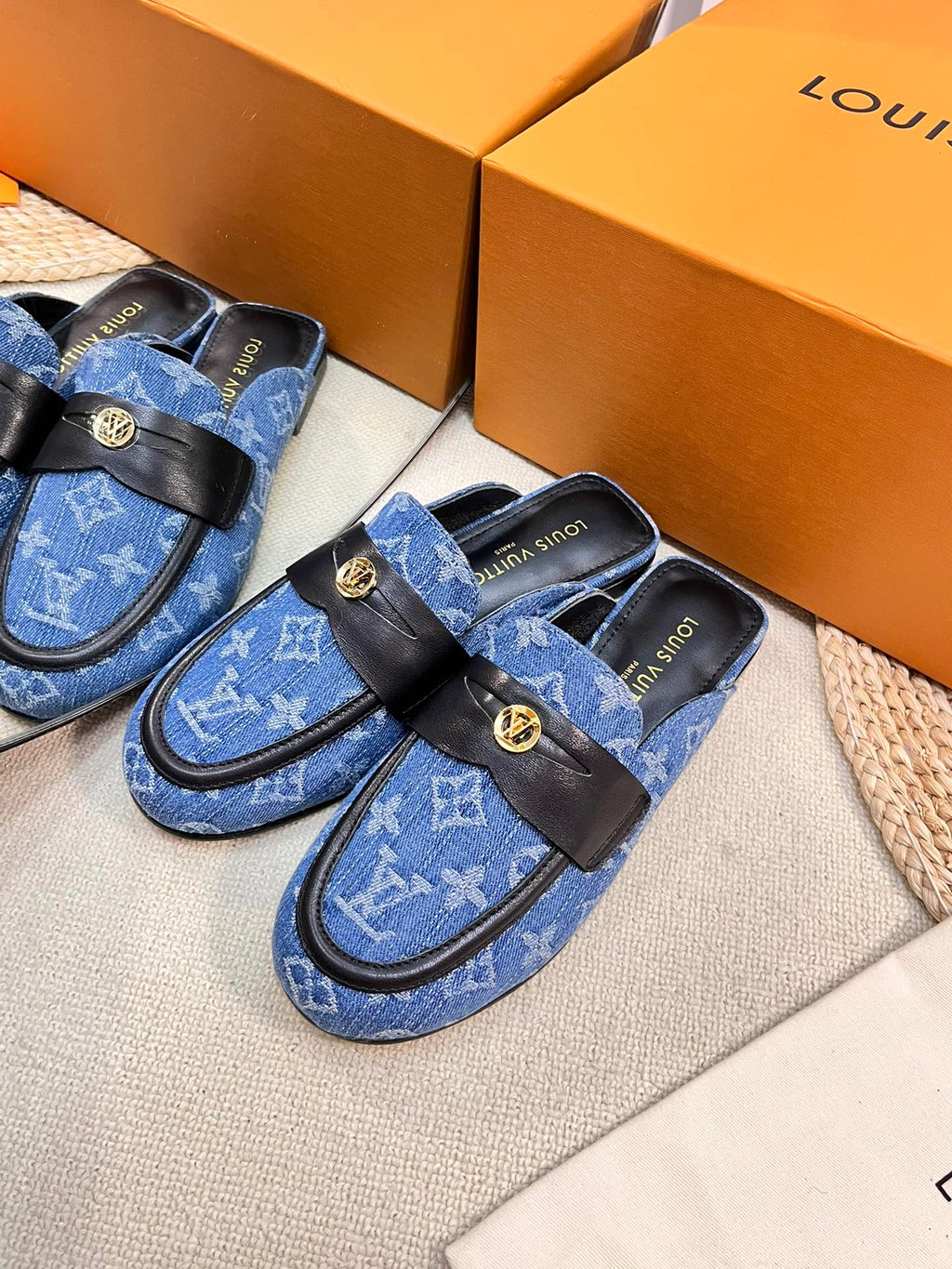 LOUIS VUITTON LV CAPRI OPEN BACK LOAFERS IN COBALT BLUE MONOGRAM DENIM