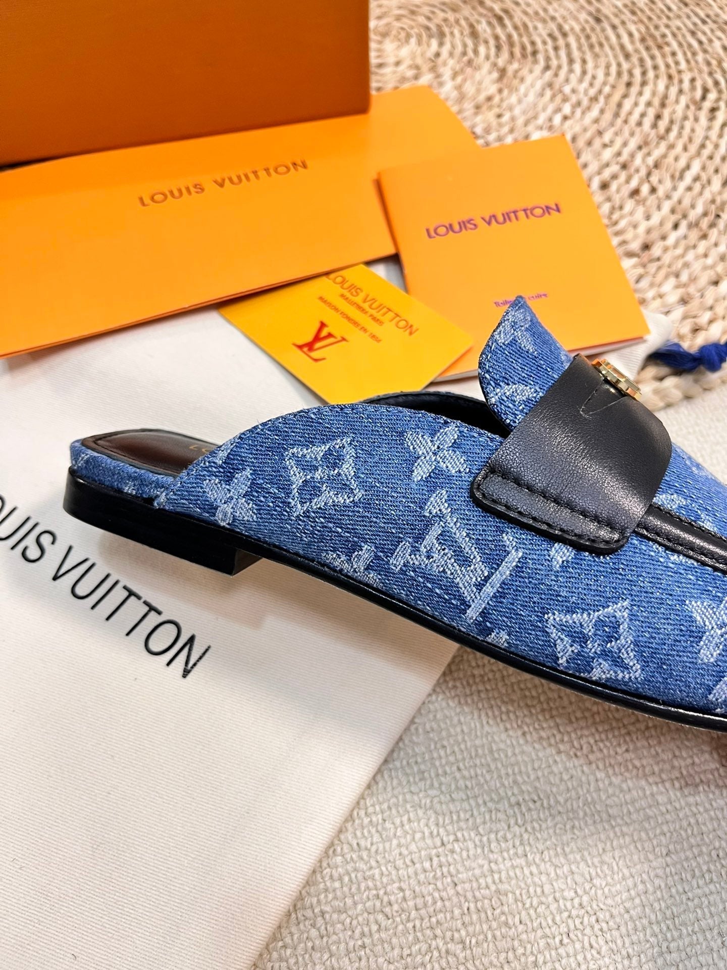 LOUIS VUITTON LV CAPRI OPEN BACK LOAFERS IN COBALT BLUE MONOGRAM DENIM
